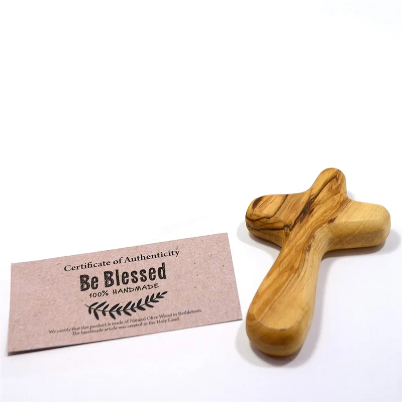 A88E-4Inch Hand Held Olive Wood Clinging Cross Fine Prayer Comfort Holding Wooden Cross - Hand Held Palm Size