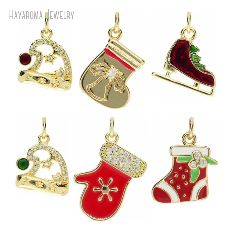 10Pcs Enamel Pendant Copper Wholesale Jewelry Gold Color Christmas Stocking Metal Charms