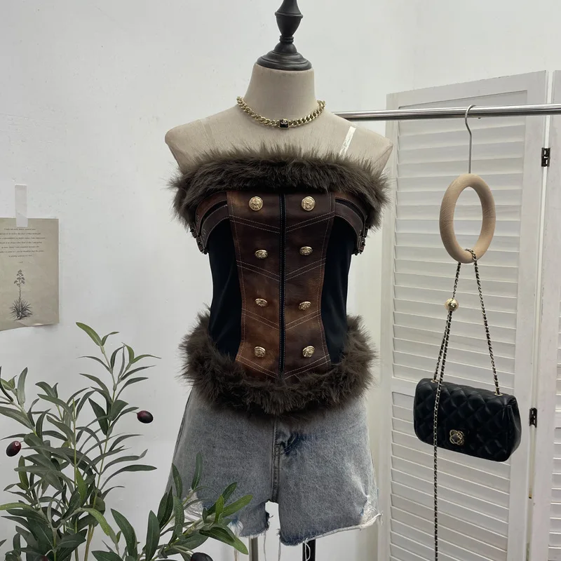 High Quality Hot Selling Wholesale Autumn New Sexy Strapless Fur Vest PU Suspender Slimming Sleeveless Short Top Women Y2K Goth