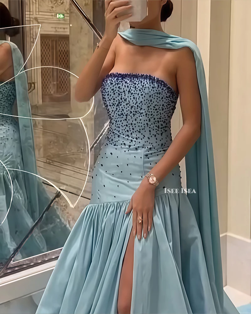 Gaun Malam Berpayet Kristal Tanpa Tali A-line Seksi Tanpa Lengan Belahan Samping Gaun Pesta Vestidos De Noches Kustom 2025