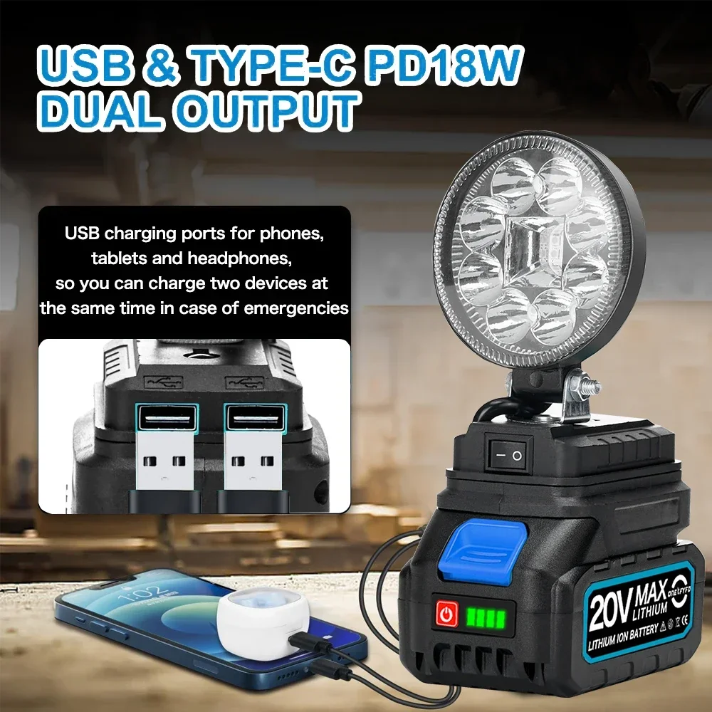 Imagem -03 - Trabalho ao ar Livre Pesca Destaque Portátil Ferramenta de Emergência Luz com Portas Carregamento Usb Destaque Holofote para Makita 18v Bateria