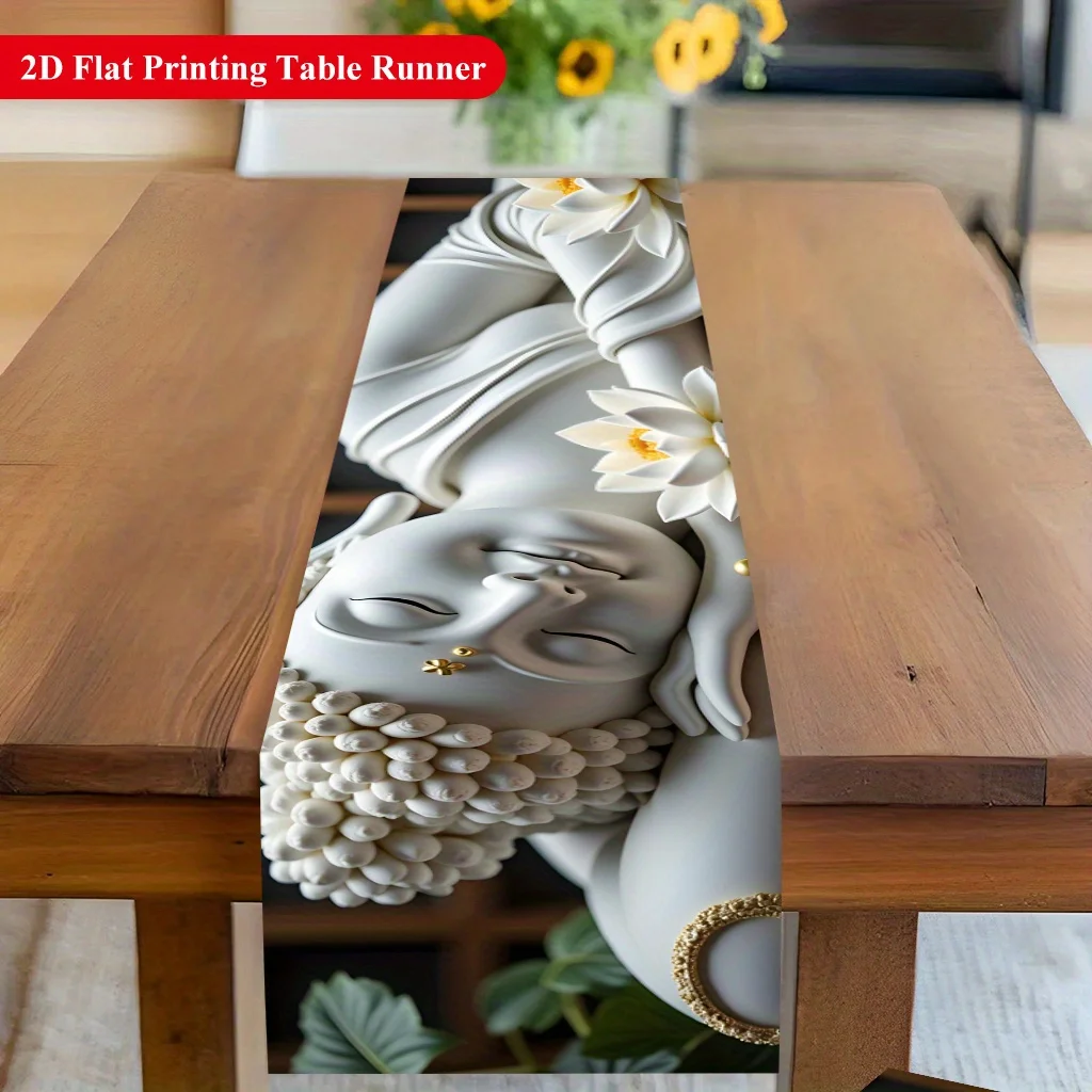 2D Flat Buddha Sculpture with Lotus Pattern Table Runner Rectangular Cultural Decor for Dining Table Coffee Table Kitchen Home F