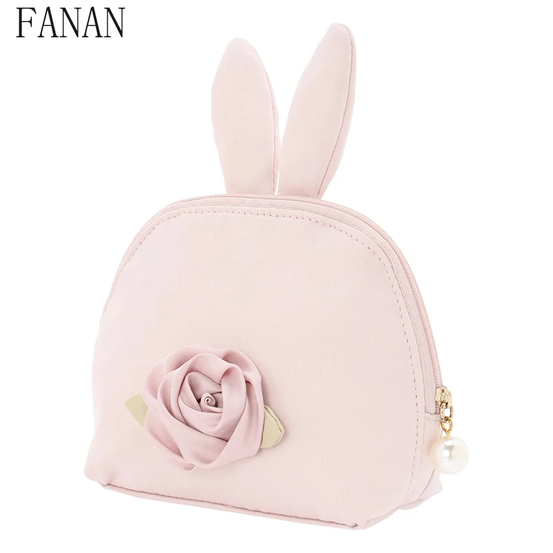 

2025 New Fashion Trend Japanese Rabbit Ears Flower Cosmetic Bags Super Cute Small Girl Heart Storage Pink Rabbit Makeup Bag