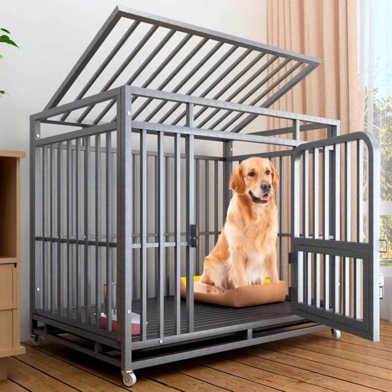 Metal Dog Crate Square-Tube Frame Rolling Dog Crate Pet Enclosure Caster Wheels Raised Base