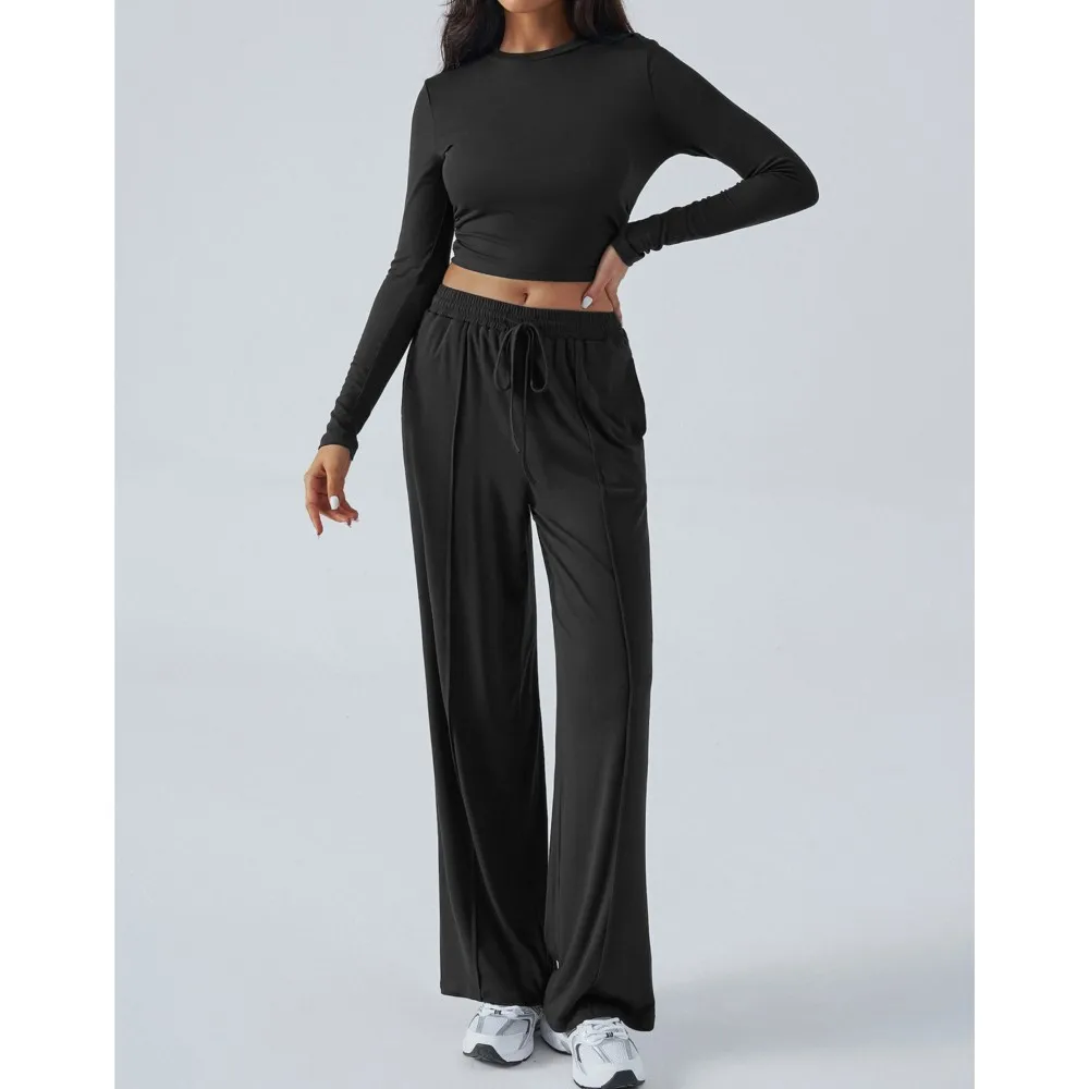 Traje de Otoño Invierno para mujer, pantalones informales de pierna ancha a la moda con cintura de Color sólido de encaje, estilo Simple holgado que combina con todo, cómodo