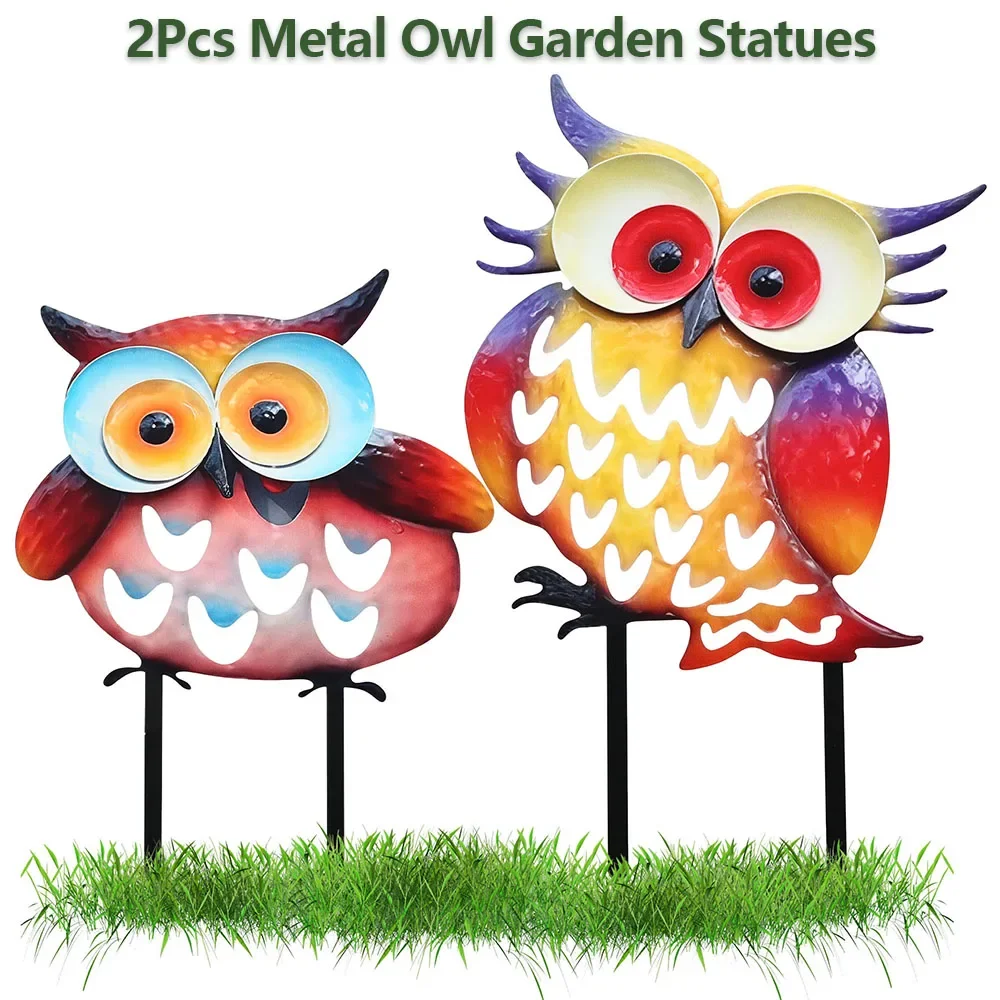 2Pcs Metal Owl Garden Statues Colorful Silhouette Owl Outdoor Stake Rustproof Animal Sculptures for Yard Lawn Garden Decoration