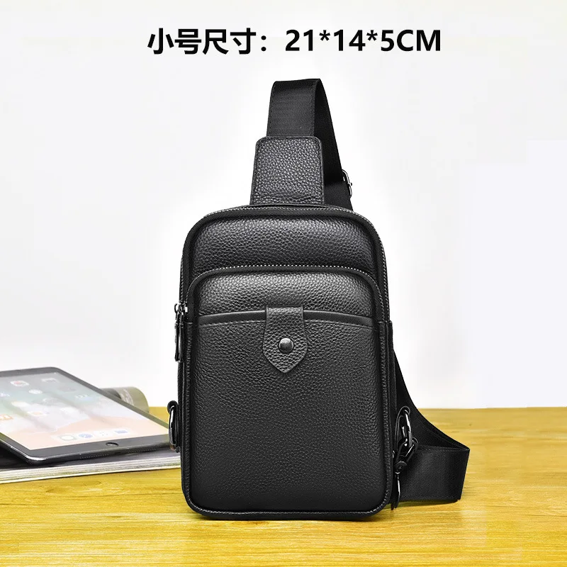New leather breast bag men's mini satchel first layer cowhide lychee pattern leather bag men's shoulder backpack men's bag