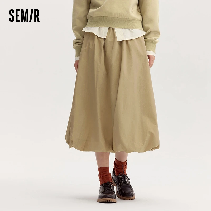 Semir Skirt Women High-Waisted Midi Skirt Loose Elastic Waist with Textured Fabric 2024 New Autumn Wide A-Line Skirt Elegant