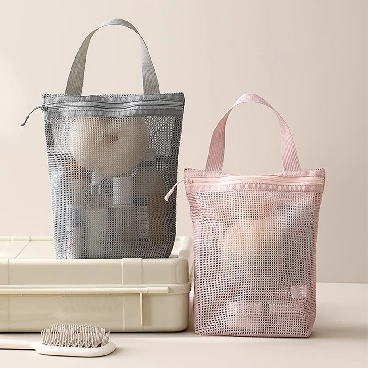Sacs de voyage portables en maille pour maquillage et articles de toilette, pochettes de rangement suspendues pour cosmétiques, organiseur de voyage pour outils de lavage corporel et de douche