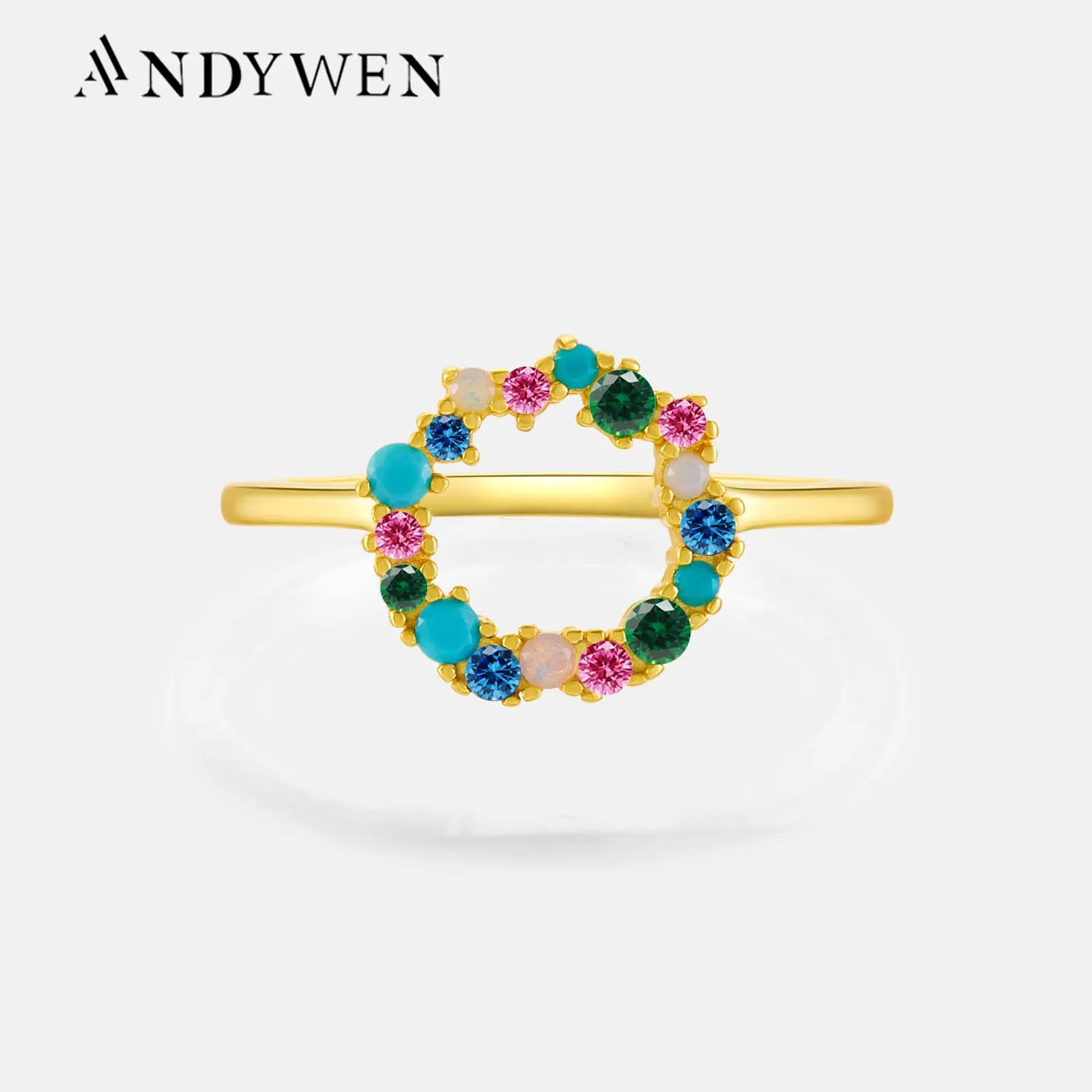 ANDYWEN 100% 925 Sterling Silver Sparkle Tutti Frutti Ring18k Gold Colorful Rainbow CZ Zircon Guadaloupe Simple Ring Jewelry