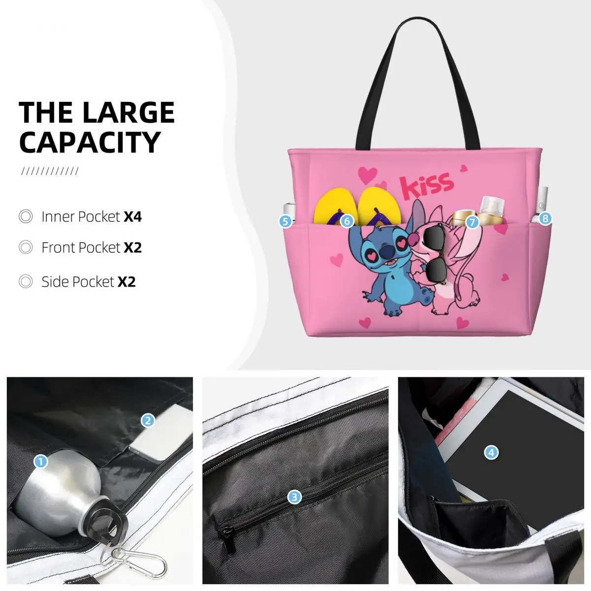 Custom Kiss Stitch Angel Beach Tote Bag Women Cute Big Compartment Gym Beach Travel Bags