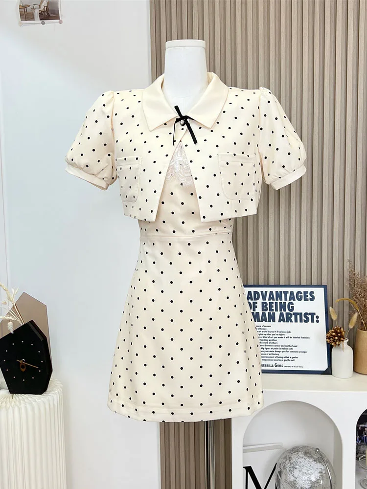 Formal Occasion Outfits 2 Piece Skirts Set Polo-Neck Single Button Short Sleeve Overshirt Top + Sexy Polka Dot Lace A-line Dress