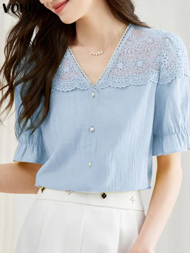 

VONDA Women Elegant Lace Shirts 2024 Summer Tops Short Puff Sleeve Office Blouses Sexy V-Neck Buttons Casual Blusas Femininas