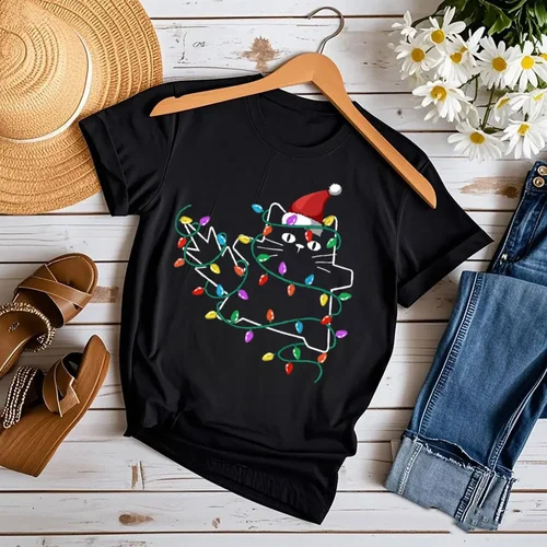 Imagen 1 del producto Camiseta con luces de árbol de Navidad de gato negro, divertida camiseta de gatito de Papá Noel, camiseta Unisex para hombres y mujeres, nueva sudadera informal sencilla y versátil