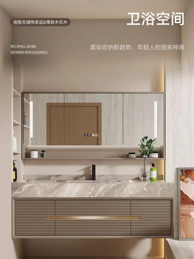 

Современный простой комбинированный шкаф для ванной комнаты в стиле лайт-люкс, кремового цвета, из дуба, с раковиной.