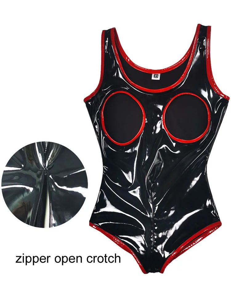 S-4XL Sleeveless Wet Look PVC Catsuit Shiny PU Leather Zipper Open Crotch Bodysuit Hollow Out Swimsuit Tights Sexy Body Teddies