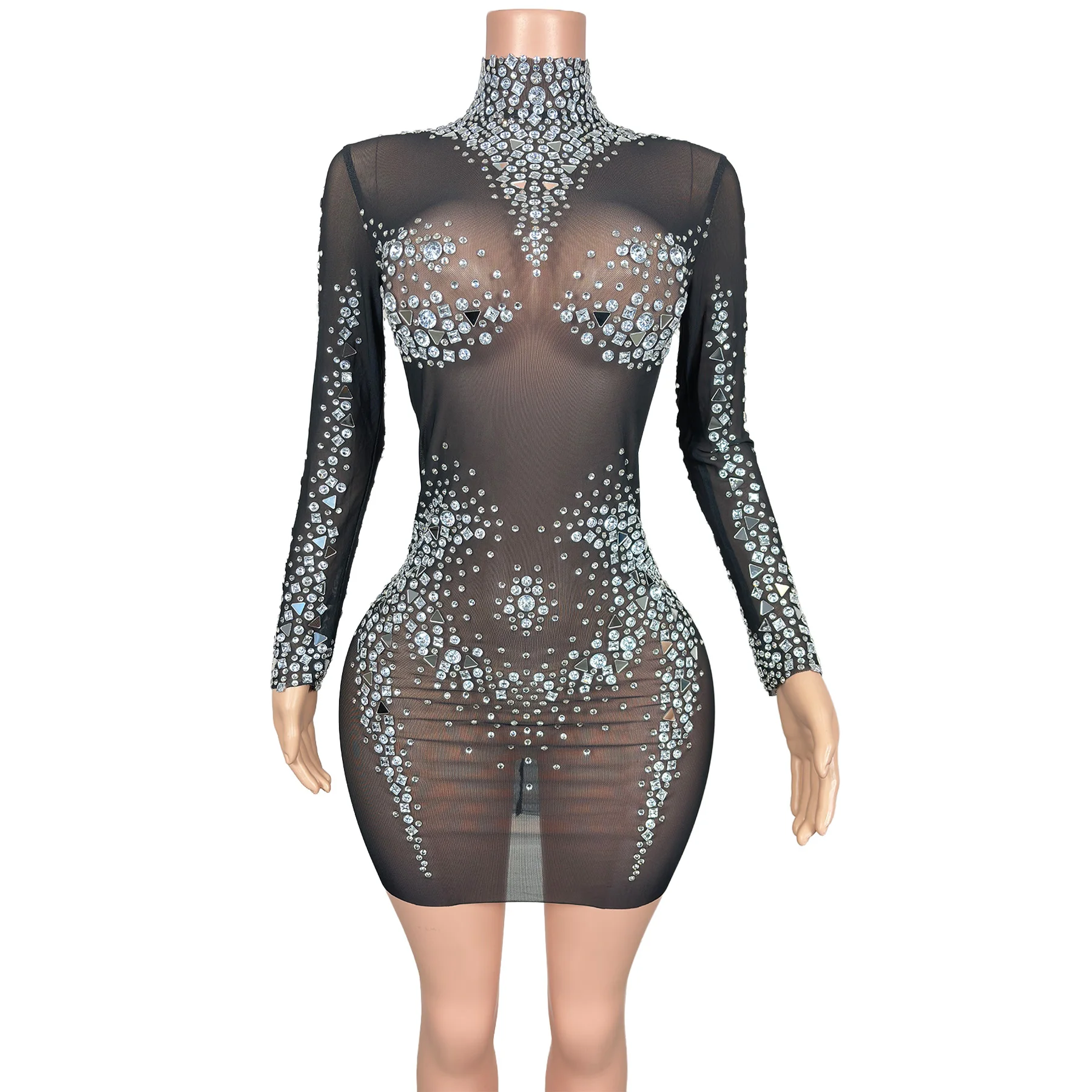 Yangfan Luxury Black Sheer Mesh Rhinestone High Neck Long Sleeve Bodycon Mini Dress Party Club Stage Outfit for Women
