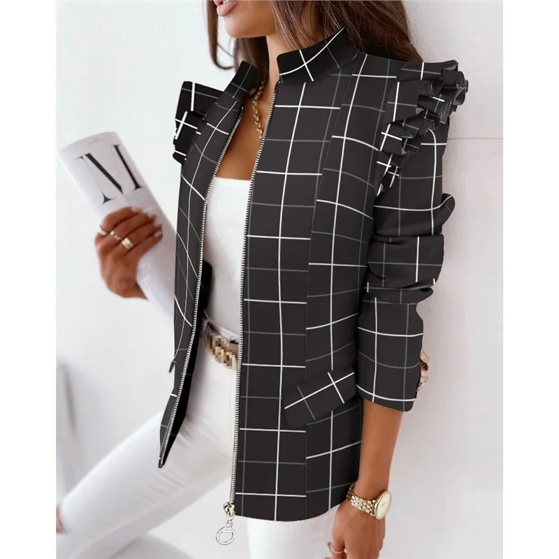 Abito da donna stampato con cerniera a maniche lunghe con bordo arricciato Cappotto piccolo Design elegante alla moda per occasioni casual e formali