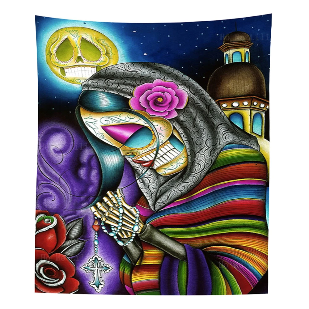 

Day Of The Dead Sugar Skull Mexican Tattoo Halloween Skeleton Beauty Tapestry Wall Hanging