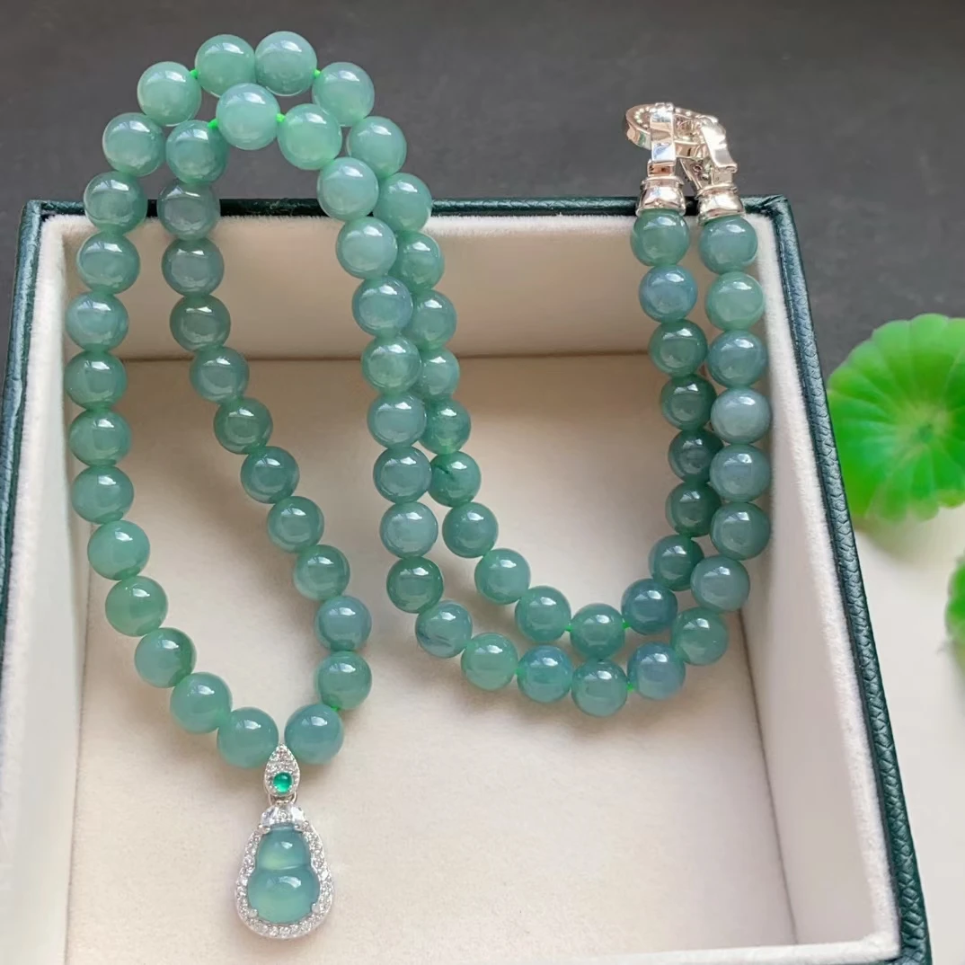 

Natural Green Jade A 3 Laps Round Beads Bracelet 7mm Gourd Pendant For Women Natural Gemstone Rare Jade A Crystal AAAAAA