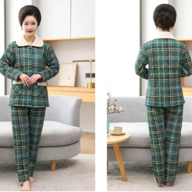 2025 New Middle Aged Mother Cotton Pajamas Women Winter Three-layer Thick Sleepwear Cotton Set Big Size Nightdress Warm Homewear