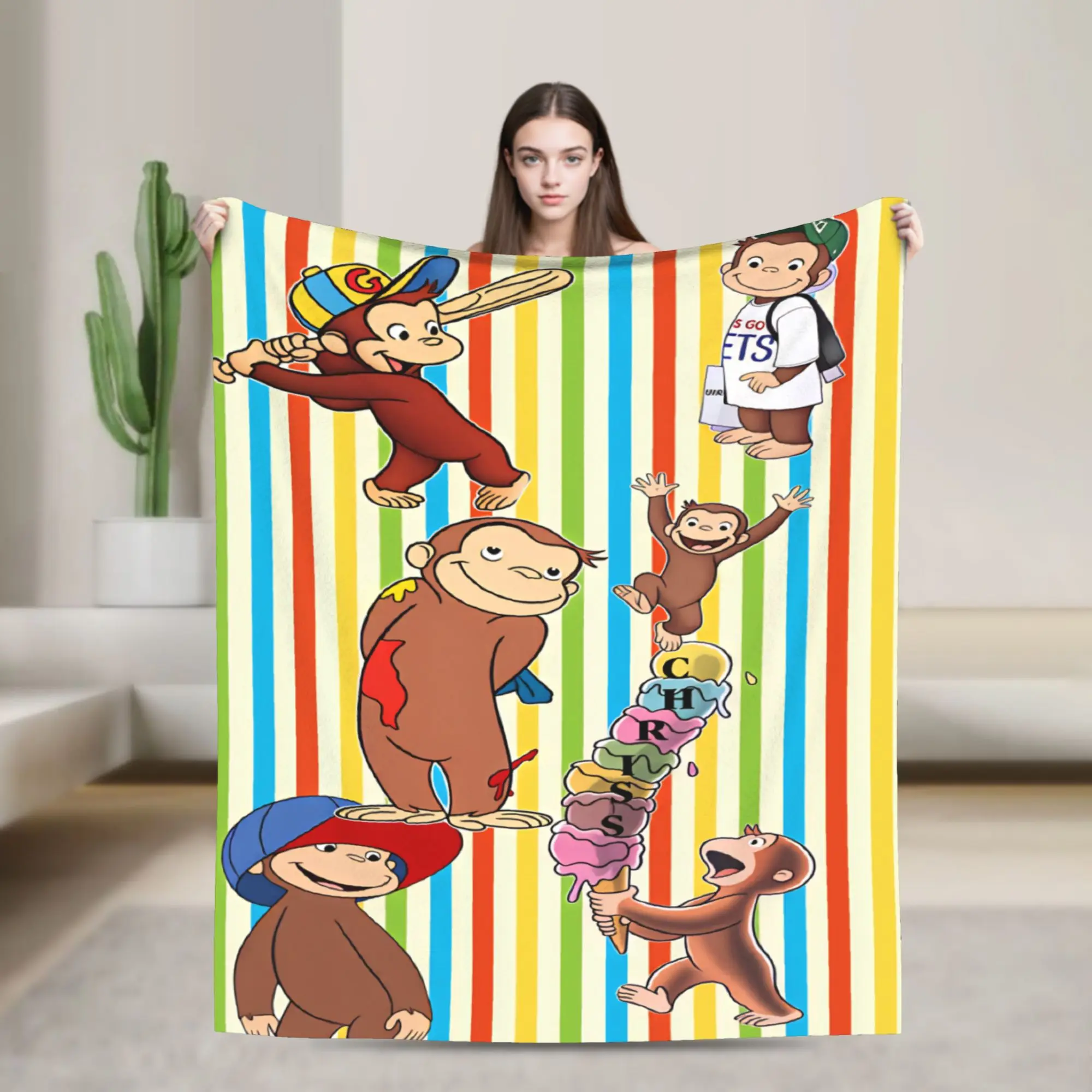 Curious George Colorful Stripe Ice Cream Soft Warm Blankets Travel Plush Throw Blanket Chair Flannel Bedspread Sofa Bed Cover