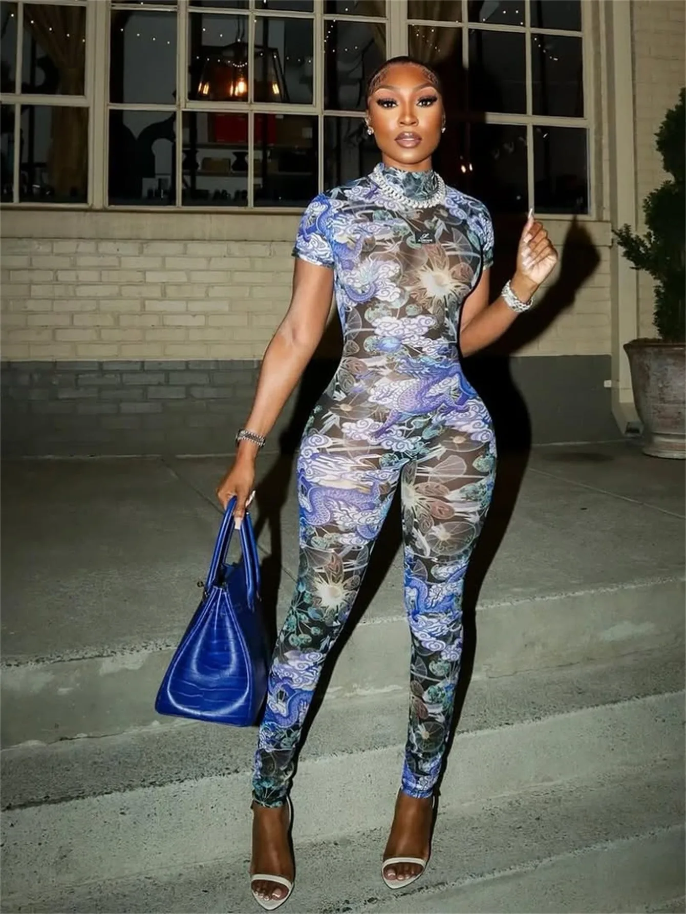 BKLD ワンピース レディース服 2025 夏 新作 セクシー バックレス 半袖 ファッション プリント 透明 メッシュ ジャンプスーツ クラブウェア