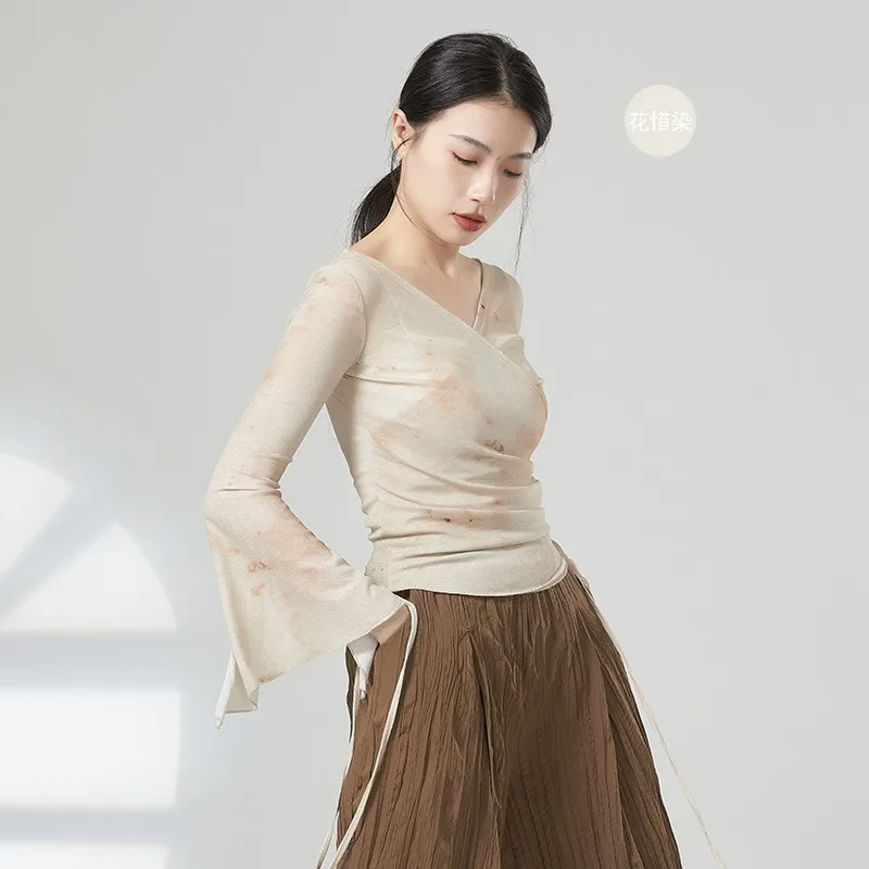 Horn Sleeve Gauze Shirt Women Classical Mesh Top Printed Transparent Sexy Dancer Practice Wear Performance Suit Hanfu Chinese