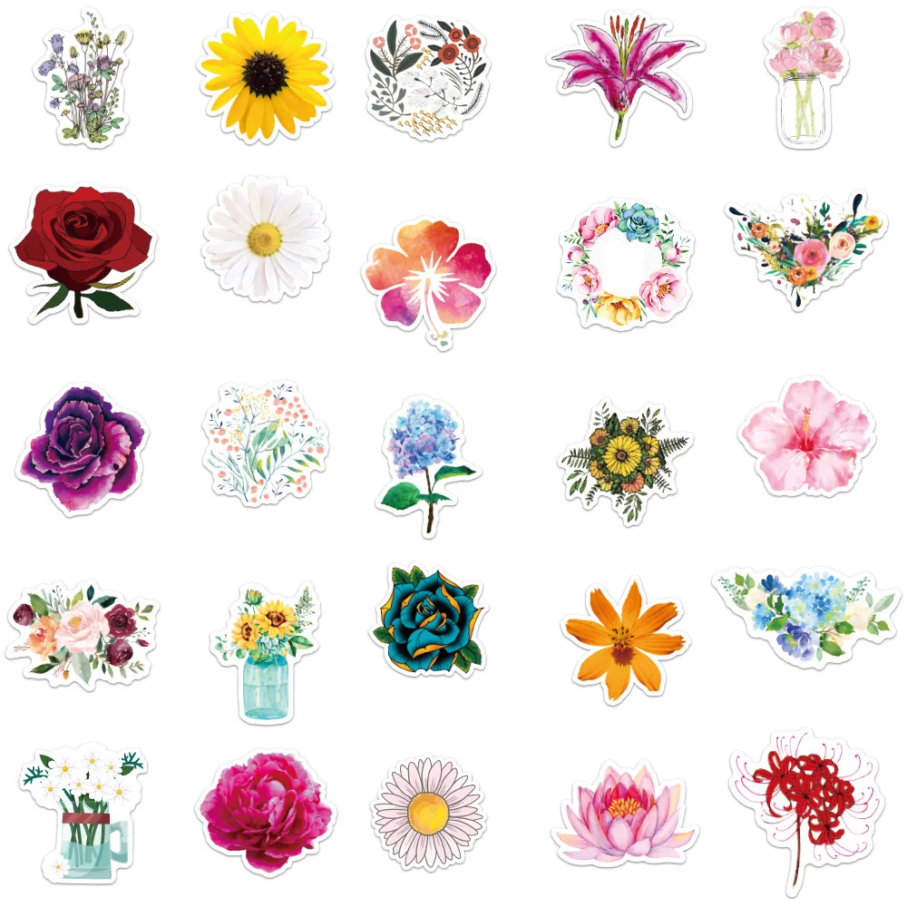 50PCS Cartoon Flowers Blooming Sticker Graffiti iPad Luggage Computer  DIY Scrapbook Wall Sticker Toy Decoration