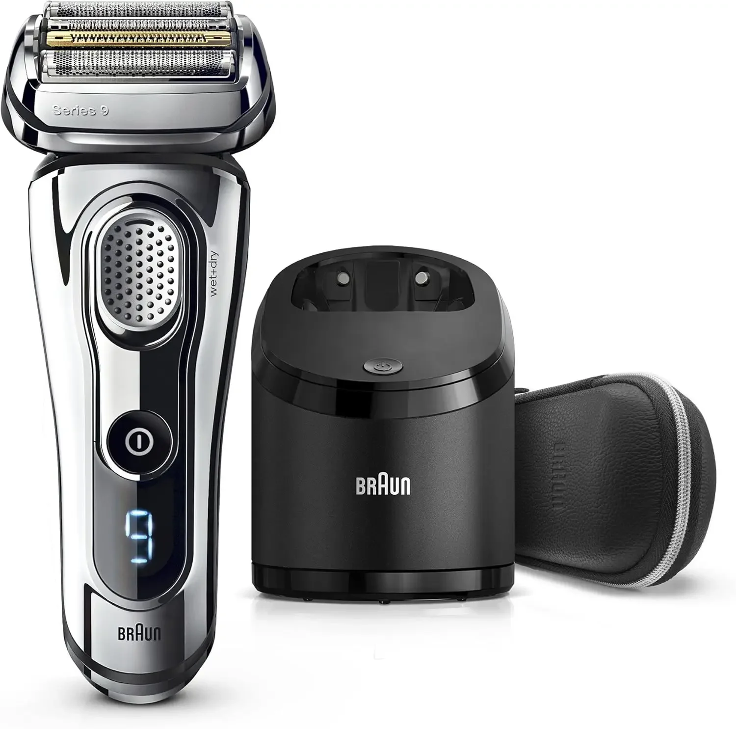 9 Electric Wet & Dry Foil Shaver with Precision Beard Trimmer for Men, Rechargeable, Clean & Charge Station & Leather Travel