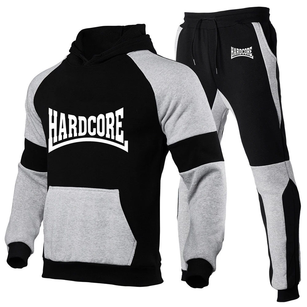 Hardcore Men Brand Spring and Autumn New Suits Printing Casual Pullover Color Matching Hoodie + Sweatpants Two-piece Set