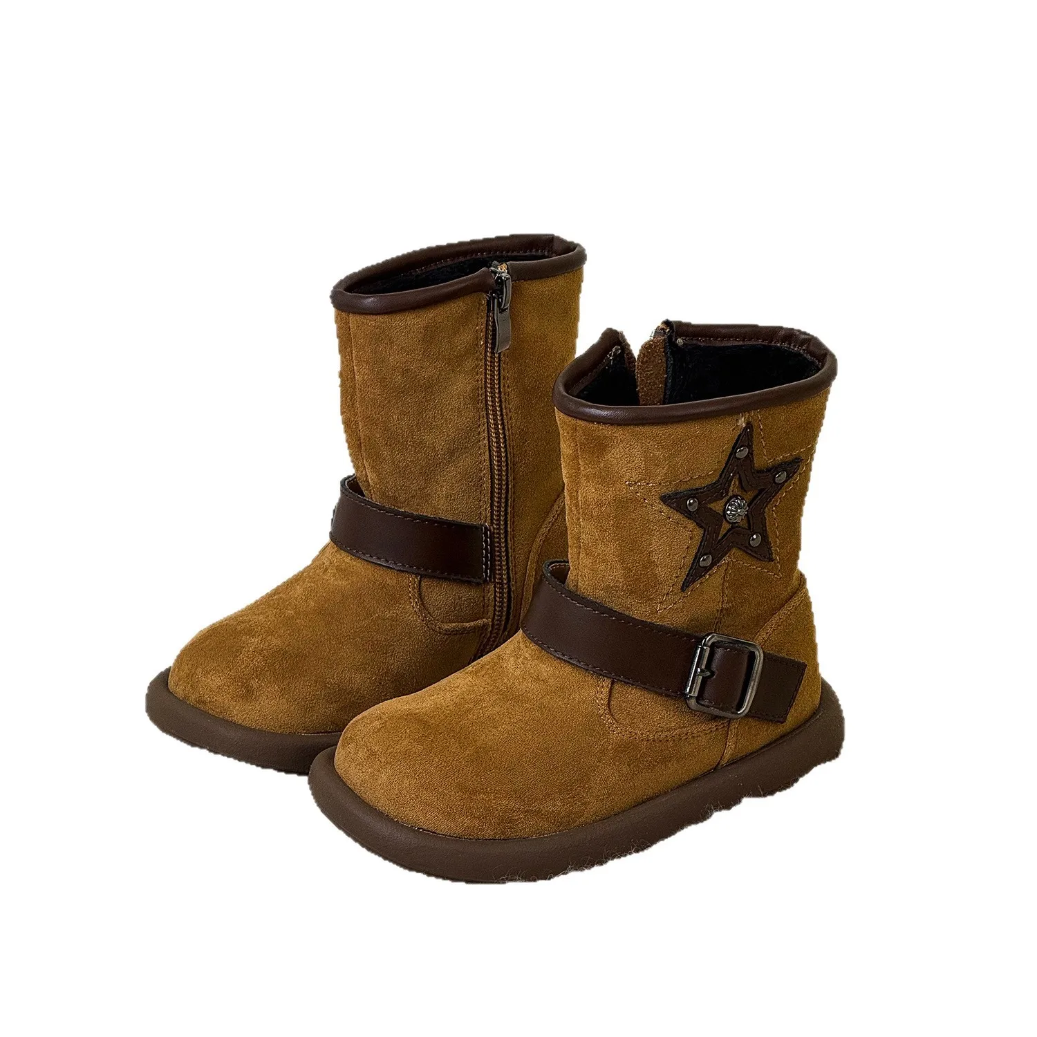 

Winter Children's Boys Girls Belt Buckle Cow Suede Leather Upper Velvet Velvet Lining Mid-calf Boots Kids Toddler Knight Boots