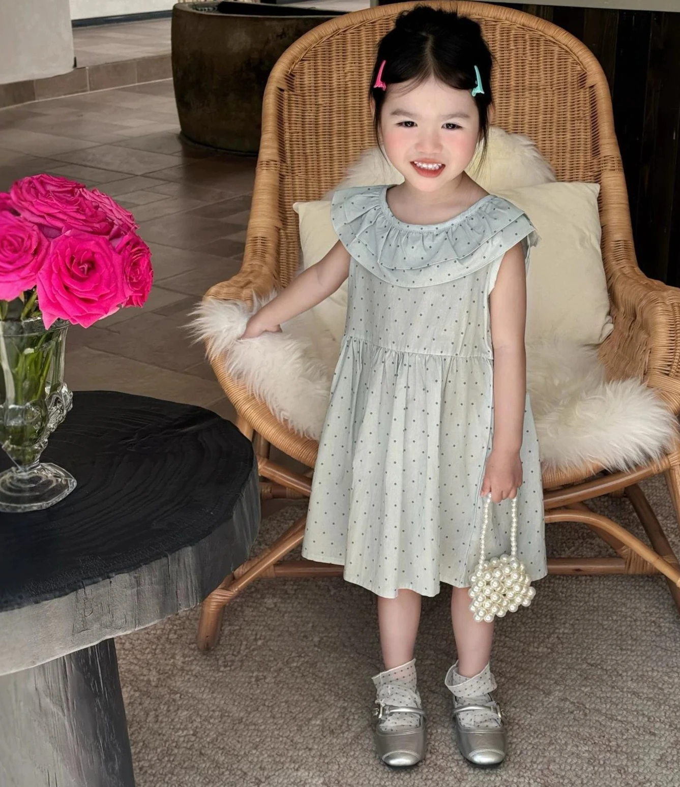 Girls Doll Skirt 2026 Summer Girl Baby Blue Bottom Polka Dot Cotton Loose Collar Sleeveless Princess Dress