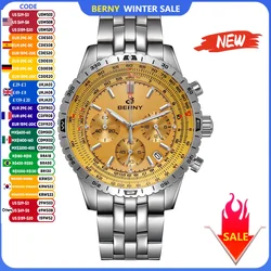 BERNY Pilot Men's Watches Quartz Chronograph Watch Sapphire Stainless Steel Super Luminous Luxury Dress Man Aviation Wristwatch