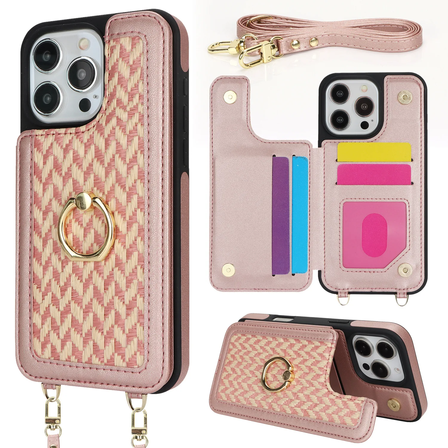

Crossbody Ring Cards Solt Wallet Leather Case For iPhone 16 Pro Max 15 Plus 11 12 13 14 Pro Max Flip Lanyard Strap Cover