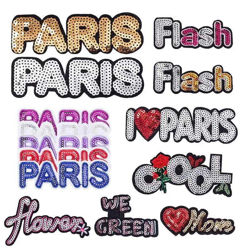 Sequins Fashion Trend Letter Embroidery Cloth Sticker Paris PARIS Computer Embroidery Chapter Boy Bag Clothing Decorative Film