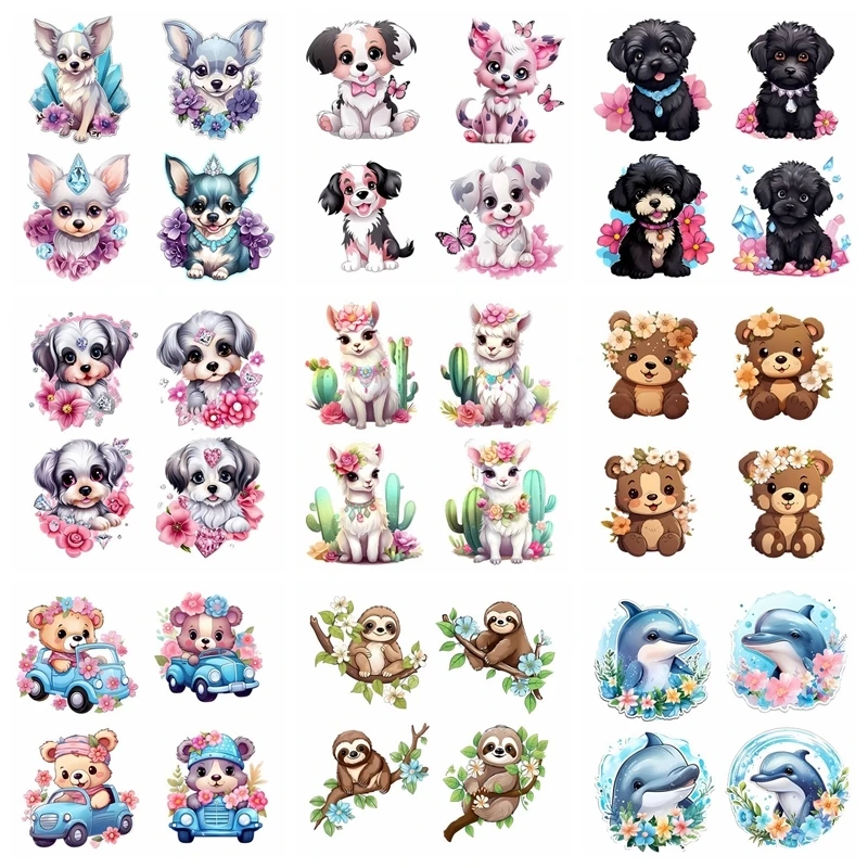 15CM Cute Animal Set Patch for Clothing DIY Iron Transfer for Clothing Dogs, sloths, dolphins Heat Transfer Cartoon Stickers