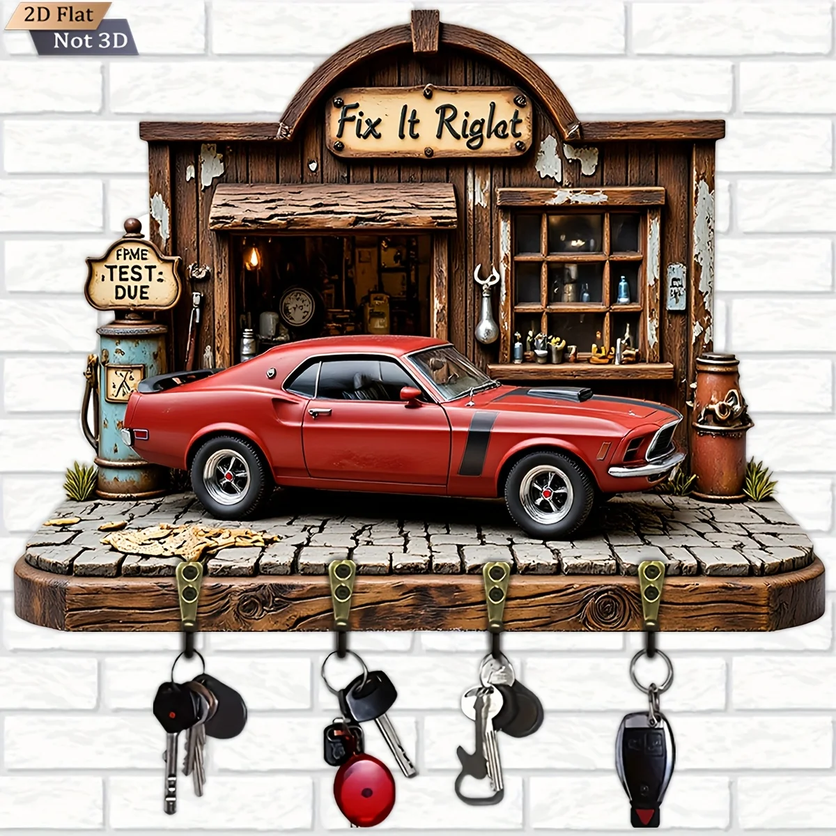 2D 평면, 1개, 빈티지 자동차 키 걸이 나무 다기능 홈 키 홀더, 네 개의 금속 후크 포함, 벽 장식, 현관