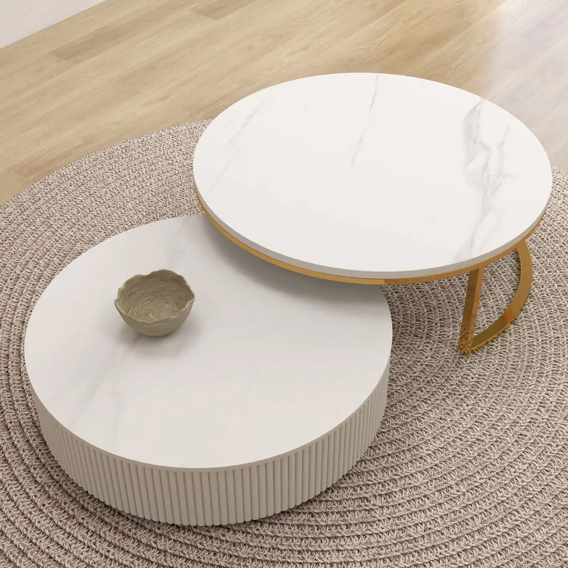 

Modern Wood Coffee Table with Iron Wire Side New Design Round Nesting Furniture for Living Room Entry Usage