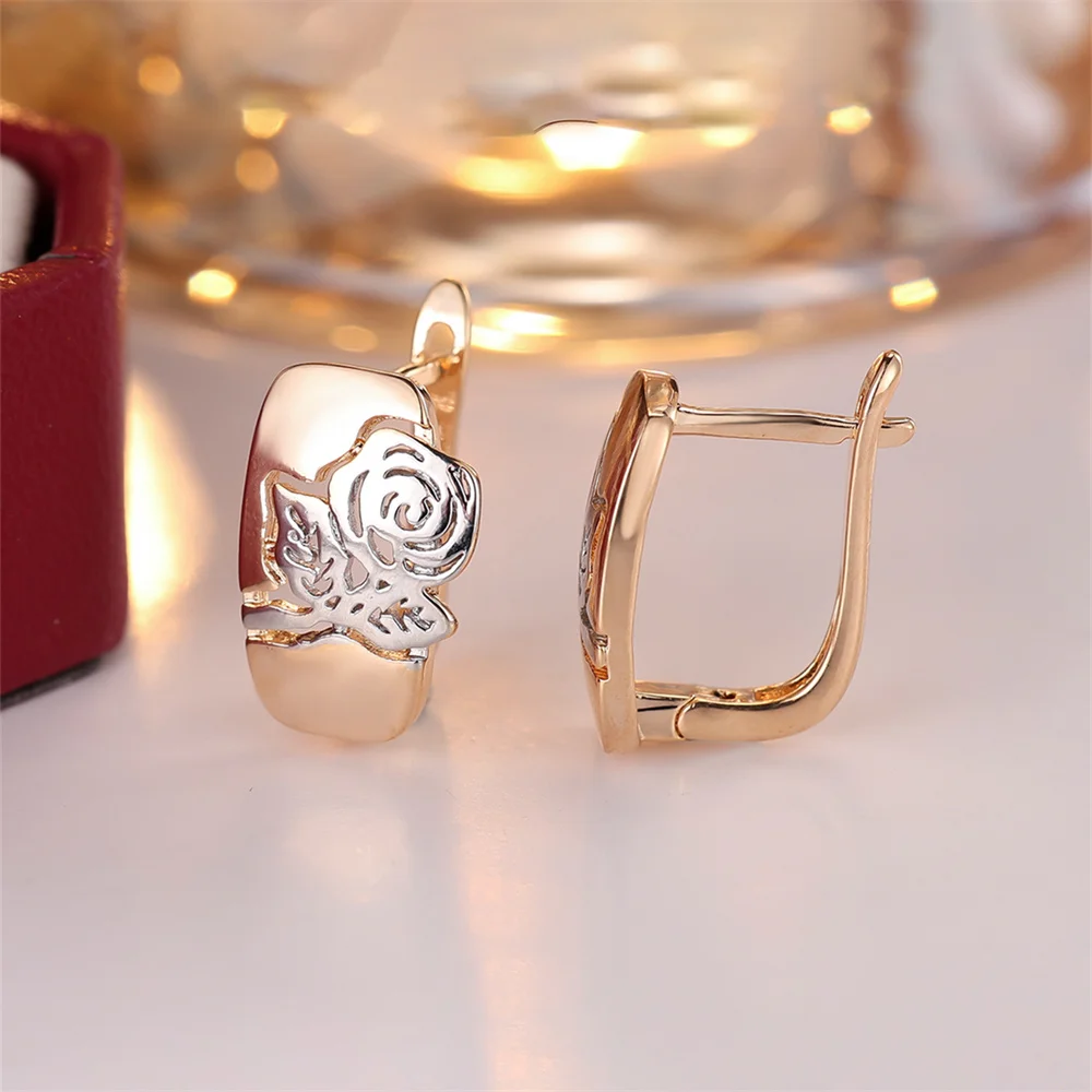 Minimalist Trendy Silver Color Rose Flower Hoop Earrings For Women Vintage Gold Ear Buckle Wedding Engagement Jewelry