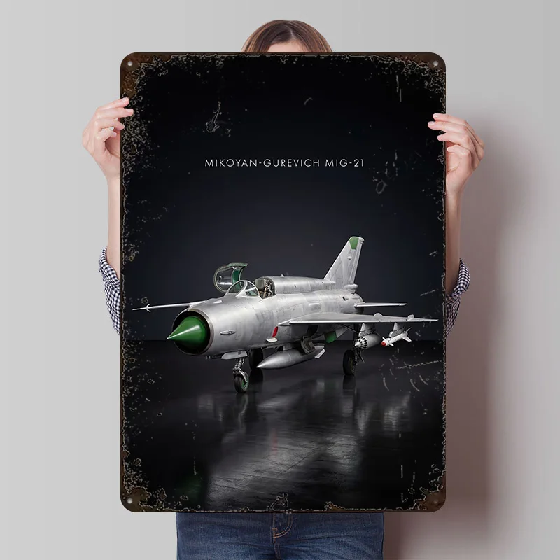 Mikoyan-Gurevich MiG-21 Fighter Jet Metal Poster Custom Wall Art Retro Vintage Tinplate Signs for Room Decoration Gaming Decor