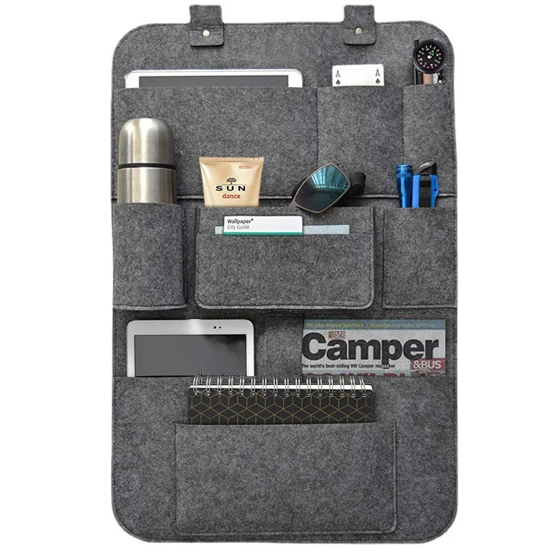 

Car Back Seat Hanging Felt Storage Bag Multi-pocket Phone Ipad Water Cup Tissue Magazine Storage Bag Anti-kick Pad Car Organizer