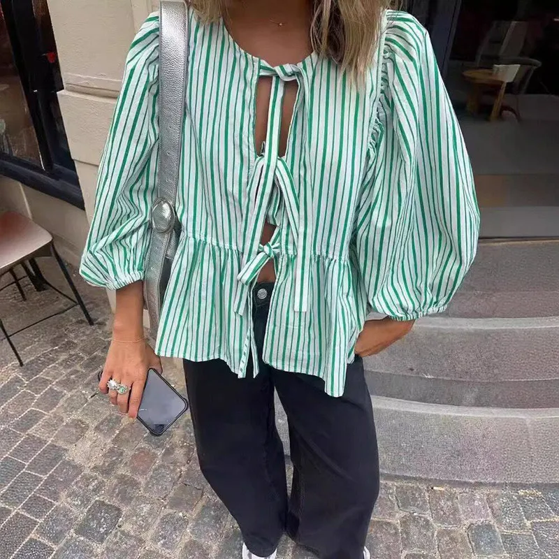 TRAF Green Striped Women\'s Blouse Tied Cut Out Long Sleeve Crop Top Female Ruched Youth Casual Summer Blouses For Women 2024