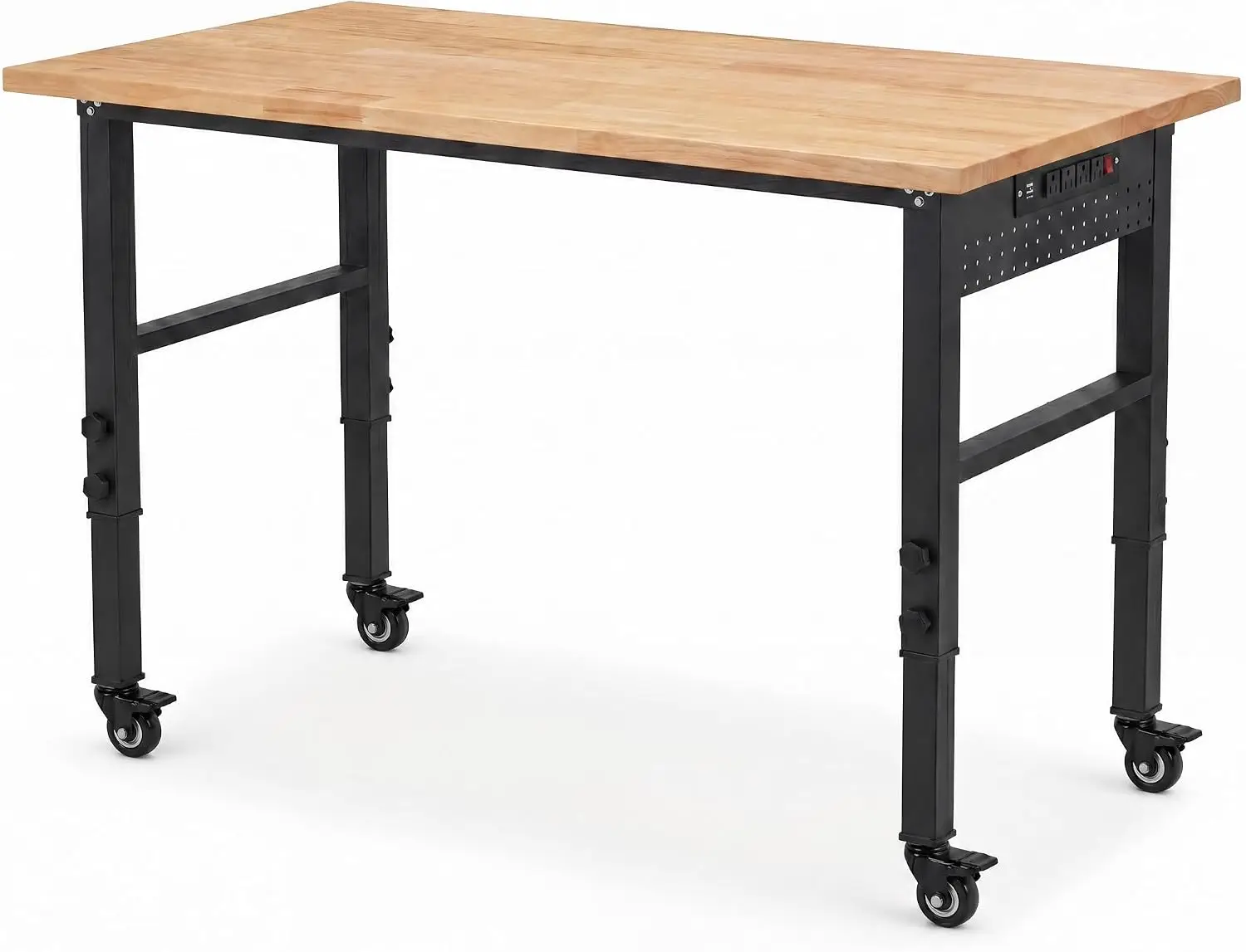 48 Inch Workbench Wheels Adjustable Height Rubberwood Top Built In Power Outlet 4AC 2USB 2000LBS Capacity Garage Workshop Home