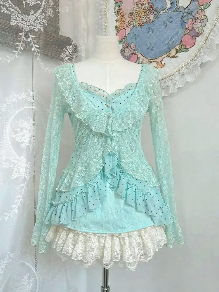 

Vintage Style Sweet Girl Lace Cardigan + Polka Dot Camisole + Short Skirt Suiit Japanese Style Elegant 3-piece Set 2026 Summer