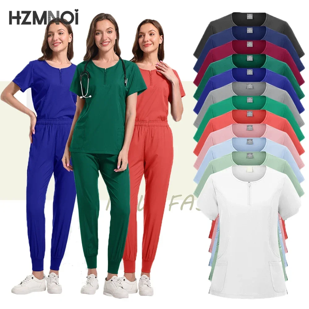 HZMNOI Doctor Scrubs Nursing Uniforms for Women Men Anesthetist Set Tops and Jogger Pants Thin Fabric Operating Room Workwear