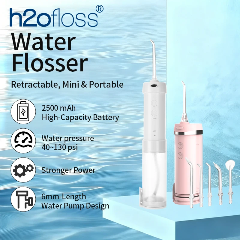 

Компактный ирригатор для воды H2ofloss, 140 фунтов на квадратный дюйм, портативный ирригатор для полости рта для чувствительных десен, 5 режимов, 5 насадок, перезаряжаемый через USB чистка зубов