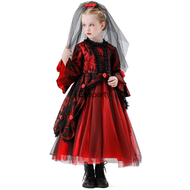 새로운 소녀 유령 신부 고딕 카트리나 의상 어린이 할로윈 뱀파이어 코스프레 중세 드레스 머리 장식 포함 어린이 파티 드레스