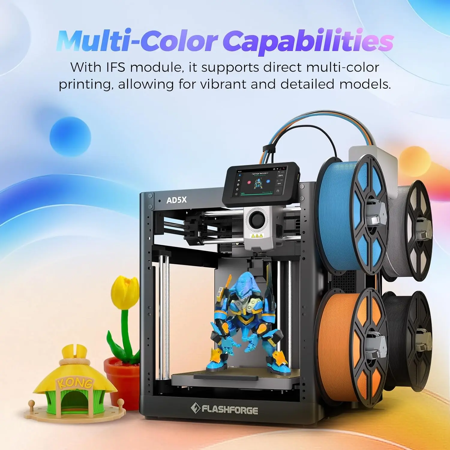 Multicolor 3D Printer 600mm s High Speed 300C Nozzle Auto Leveling PEI Flexible Plate 220x220x220mm