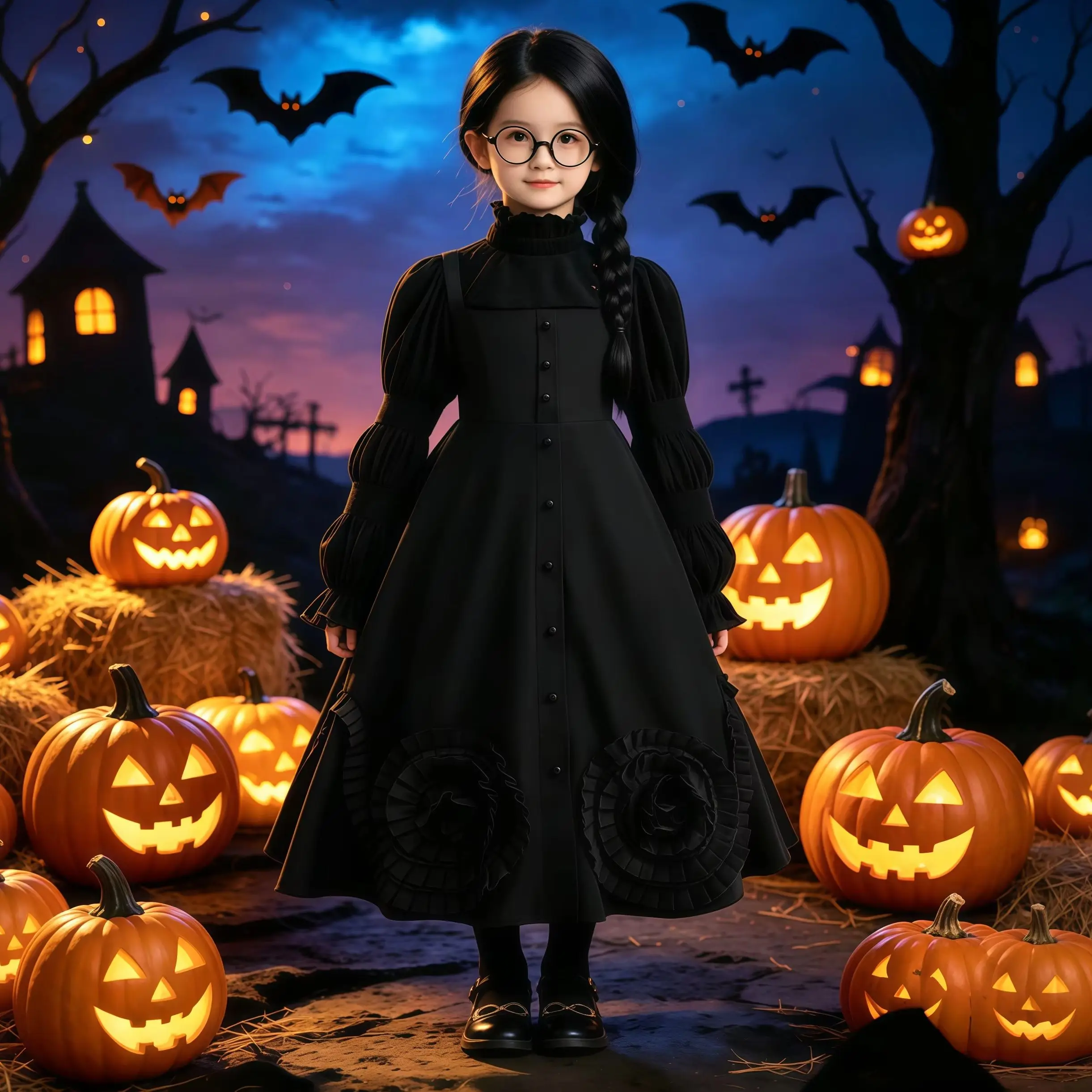 Evil Black Witch Fantasy Costumes Wizard Halloween Carnival Girls Party Princess Dress With Accessory For Kids Perform Outfits